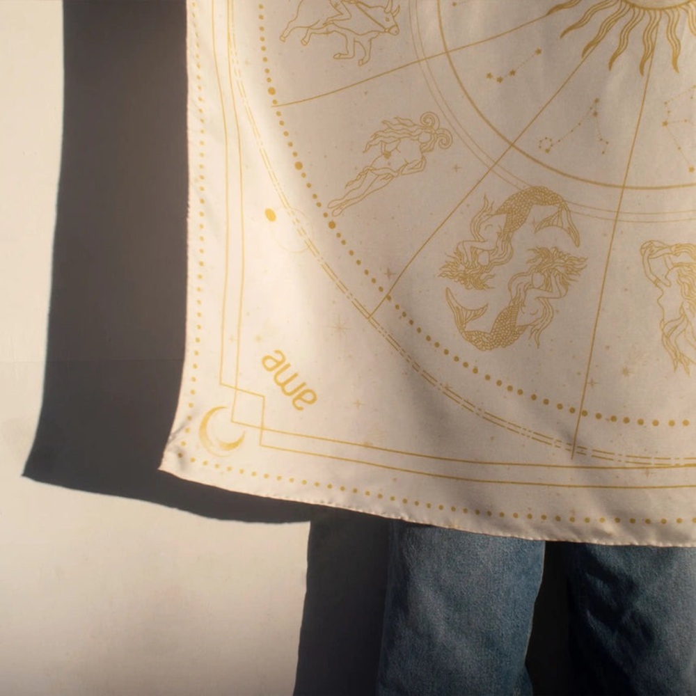 Awe Inspired ivory gold silk twill zodiac square scarf headwrap belt bag wrap - Picture 4 of 6